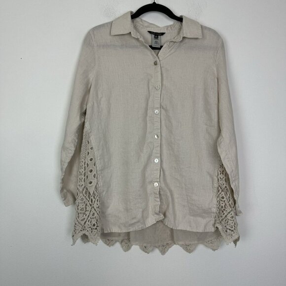 John Mark Beige Linen Button Down Shirt Crochet Lace Details Size Medium - Picture 1 of 8